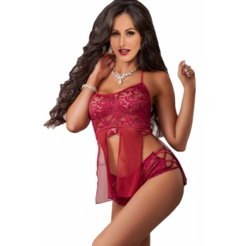 Burgundy 2pc Halter Lace Top with Panty Short White